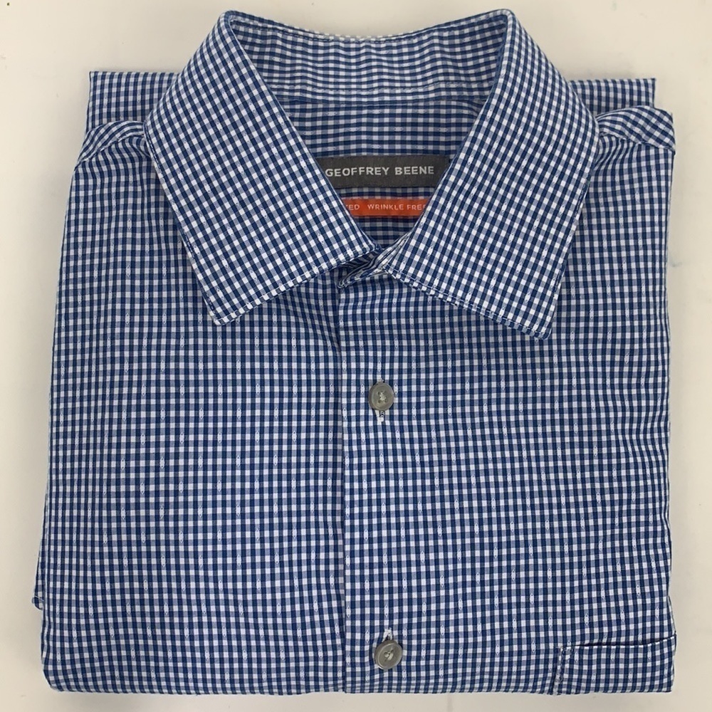 Geoffrey Beene Long Sleeve Checked Shirt - Blue/White, Size 15 32/33, 60% Cotton